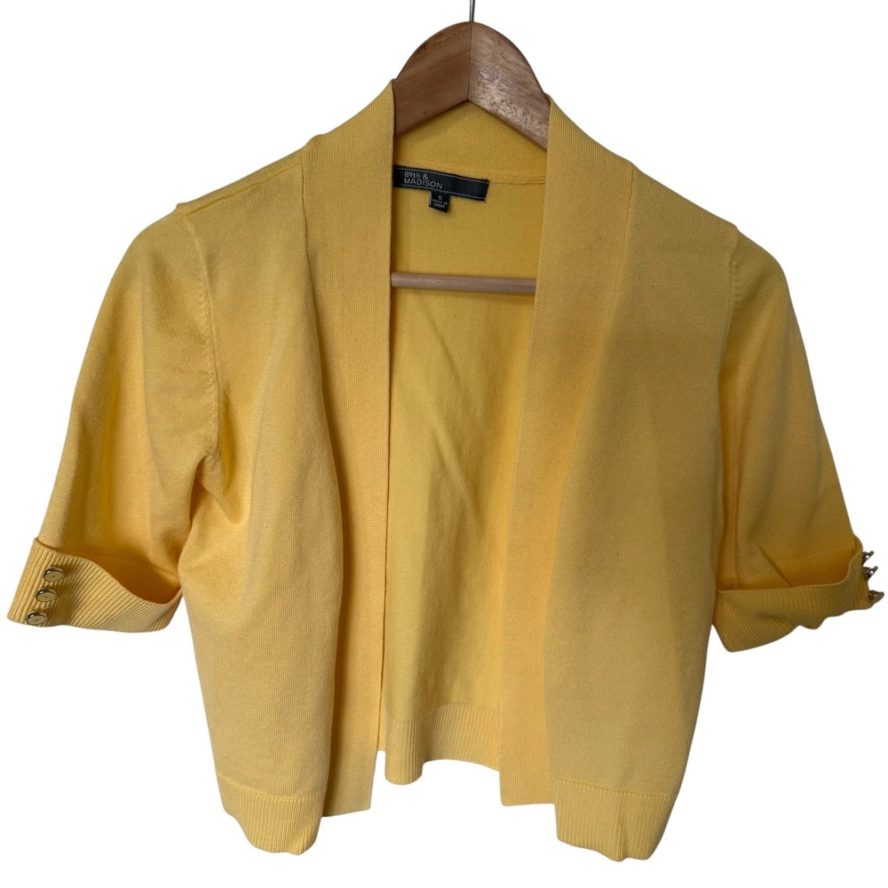 89th & Madison Cardigan Women Small Yellow Excellent Open Front Gold Button Cuff
